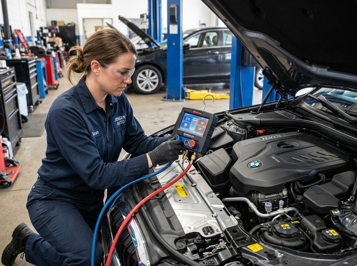 Técnico a fazer a manutenção do ar condicionado no compartimento do motor